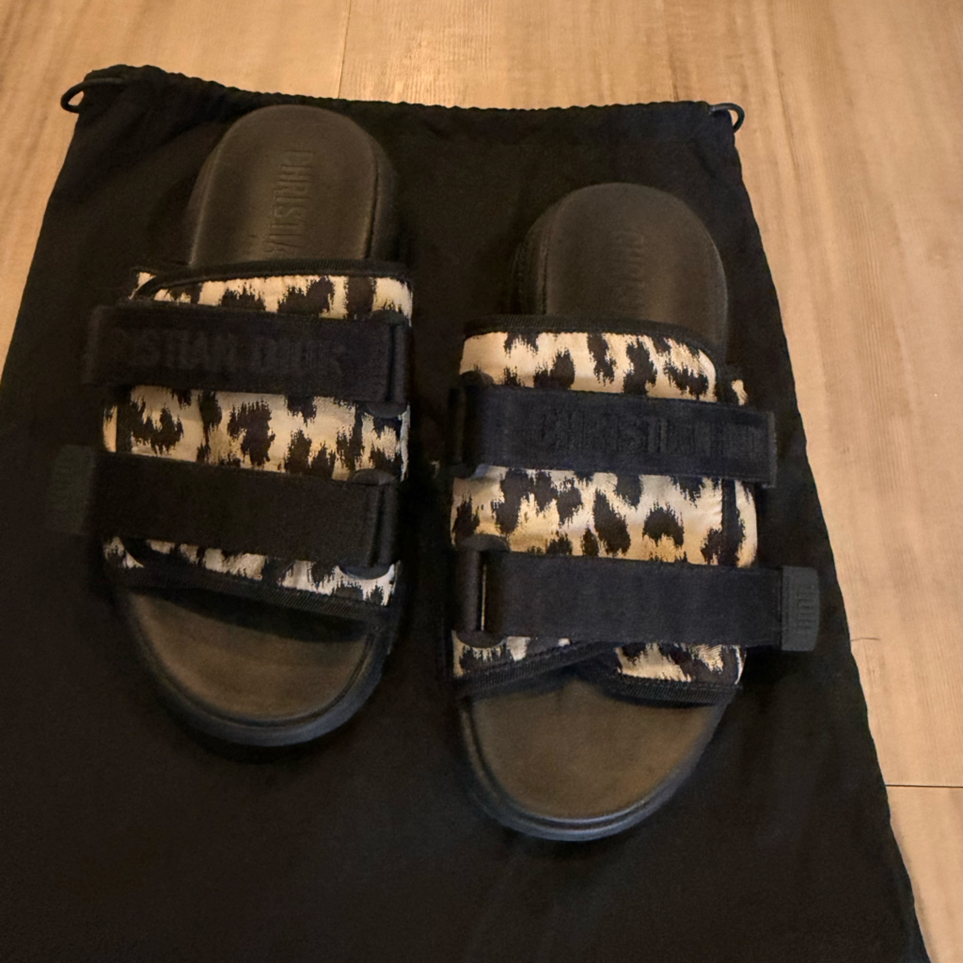 Dior Black & Cream Leopard Print Strap Slides